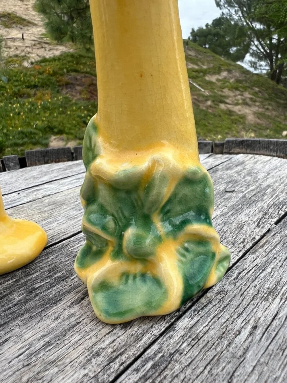 Pair of Vintage Yellow & Green Pottery Bud Vases | Cottage Floral Decor - Picture 10 of 10